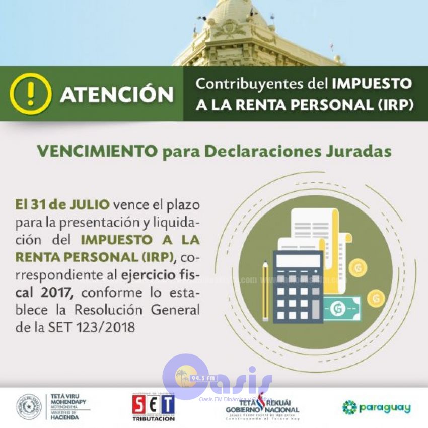 SET avisa que vence plazo para pago del IRP