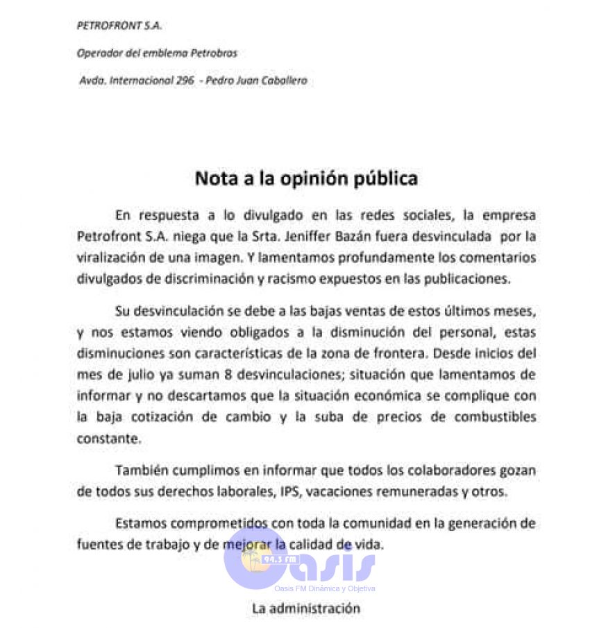 Petrobras emite comunicado con respecto a Jennifer Bazán