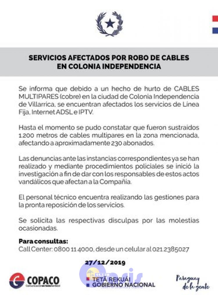 Más de 200 usuarios de Copaco afectados por robo de cables