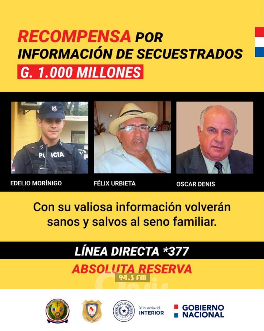 Euclides Acevedo reitera recompensa de G. 1.000 millones por secuestrados