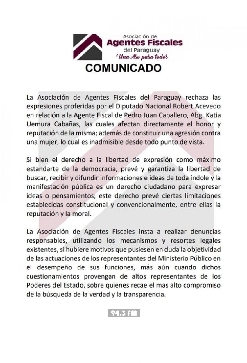 Fiscales repudian declaraciones denigrantes e injuriosas del diputado Acevedo contra fiscala de Pedro Juan