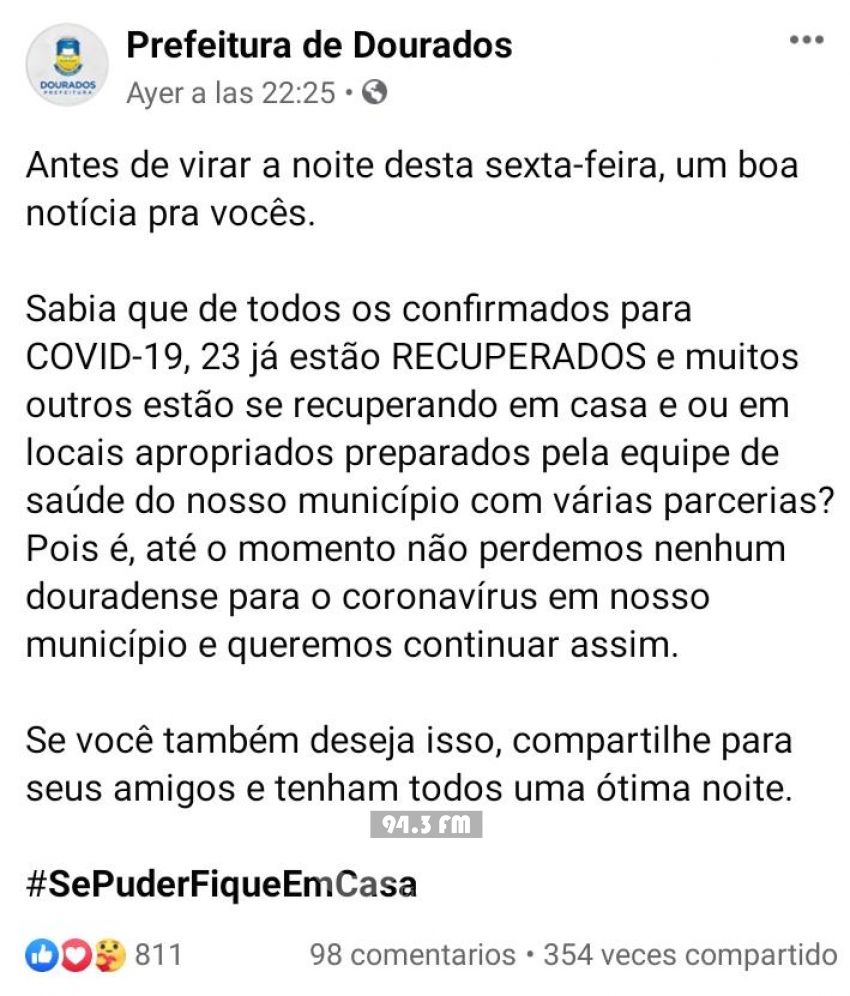 Municipalidad de Dourados MS publica con optimismo recuperación de confirmados para COVID 19