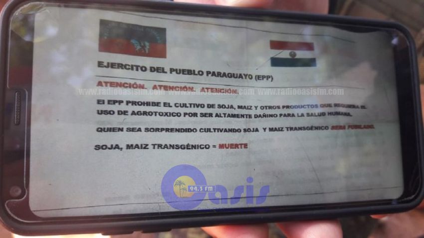 Hallan panfleto con amenazas del EPP en San Pedro