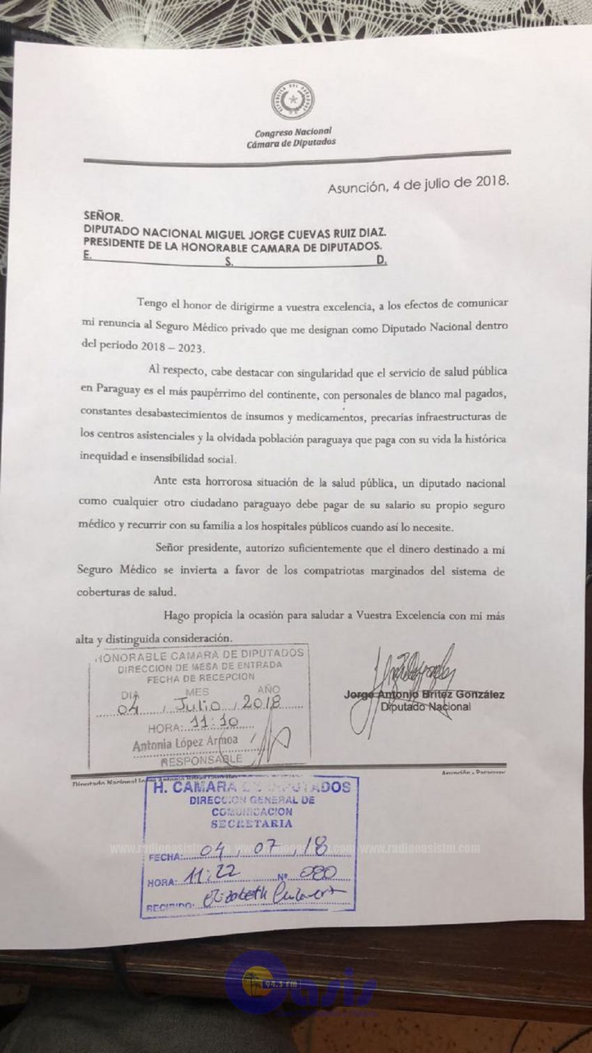 Diputado Jorge Brítez se suma a renuncias del seguro vip