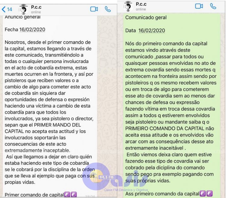 En supuesto comunicado del PCC, la facción se desliga del asesinato de periodista en Pedro Juan