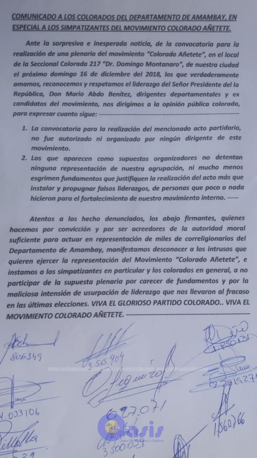 Comunicado del Movimiento Colorado Añetete de Amambay