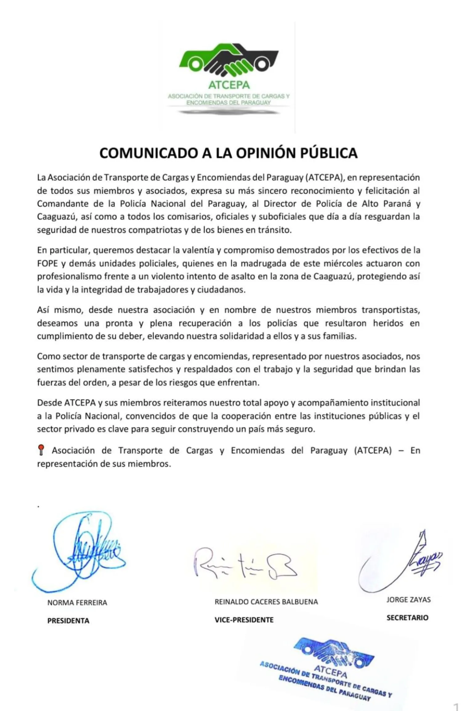 ATCEPA destaca acción de la Policía durante intento de asalto en Caaguazú