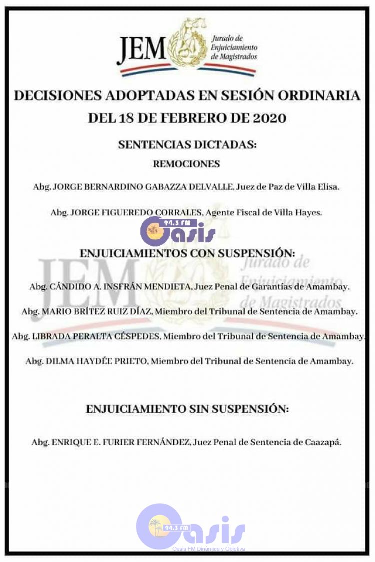 JEM ENJUICIA Y SUSPENDE A MAGISTRADOS DE AMAMBAY