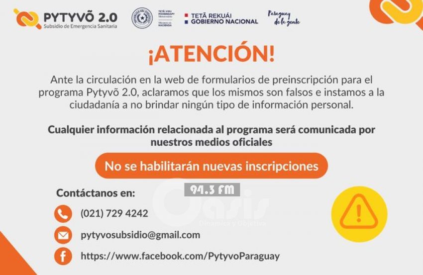 Hacienda informa que ya no se realizan inscripciones para el PytyvÍµ 2.0
