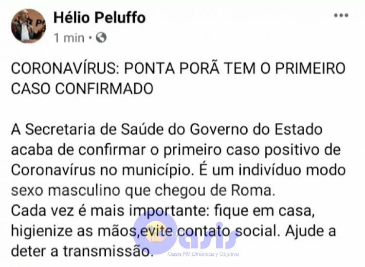 Confirman primer caso de Coronavirus en Ponta PorÍ£