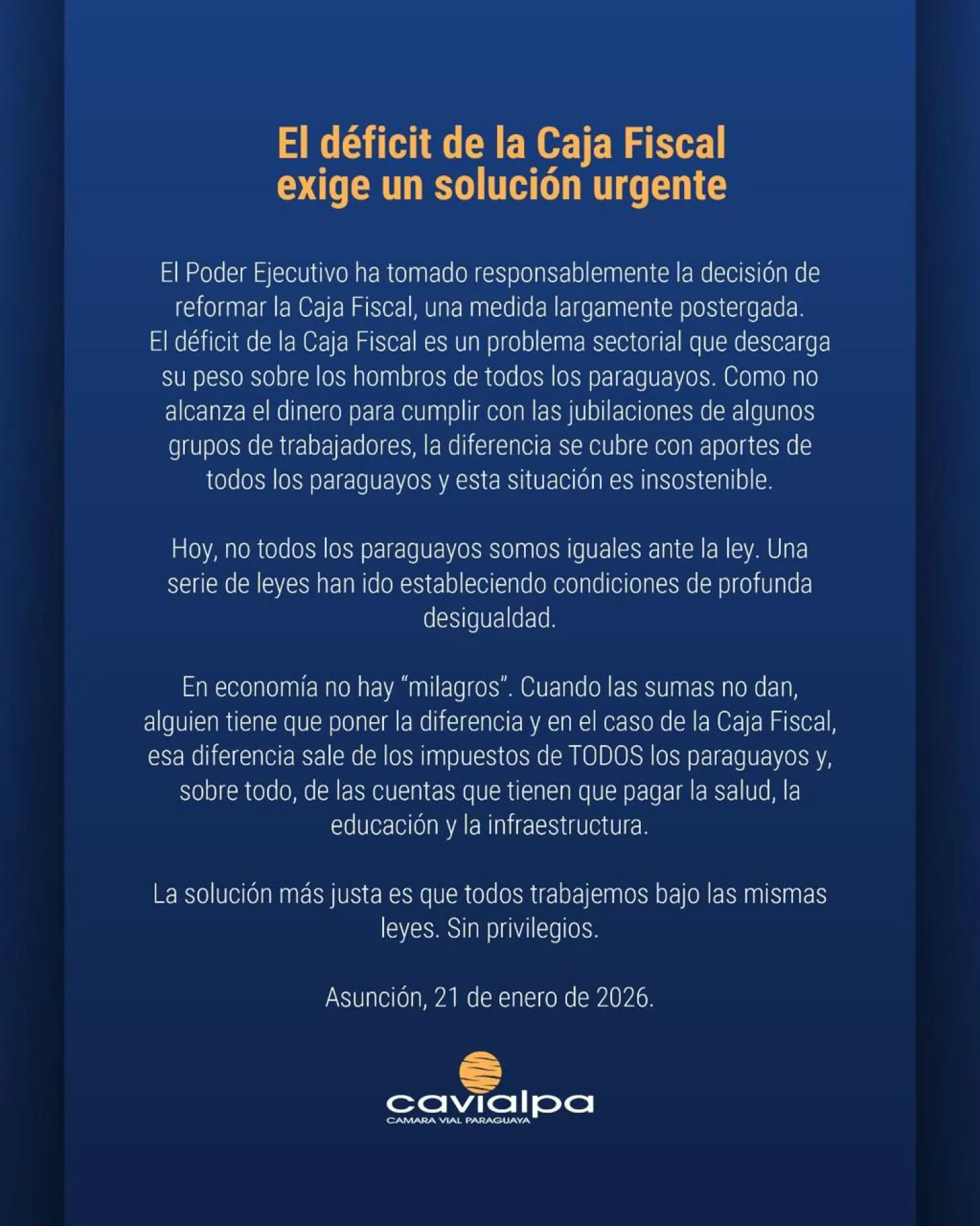 CAVIALPA sostiene que el déficit de la Caja Fiscal requiere una solución urgente y sin privilegios